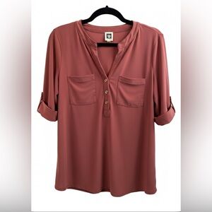 Anne Klein Deep Terracotta Roll Tab Sleeve Blouse with Gold tone Button Accents